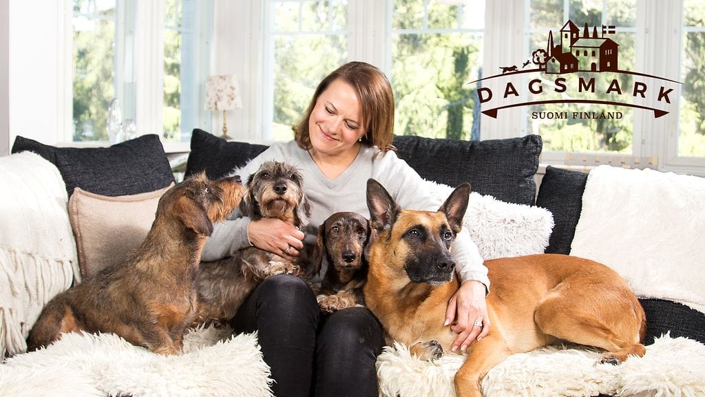 Dagsmark Petfoodin perustaja ja toimitusjohtaja Laura Strömberg yhdessä neljän koiransa kanssa. Kuvassa vasemmalta oikealle Kerttu, Kiukku, Wilja ja Ässä.