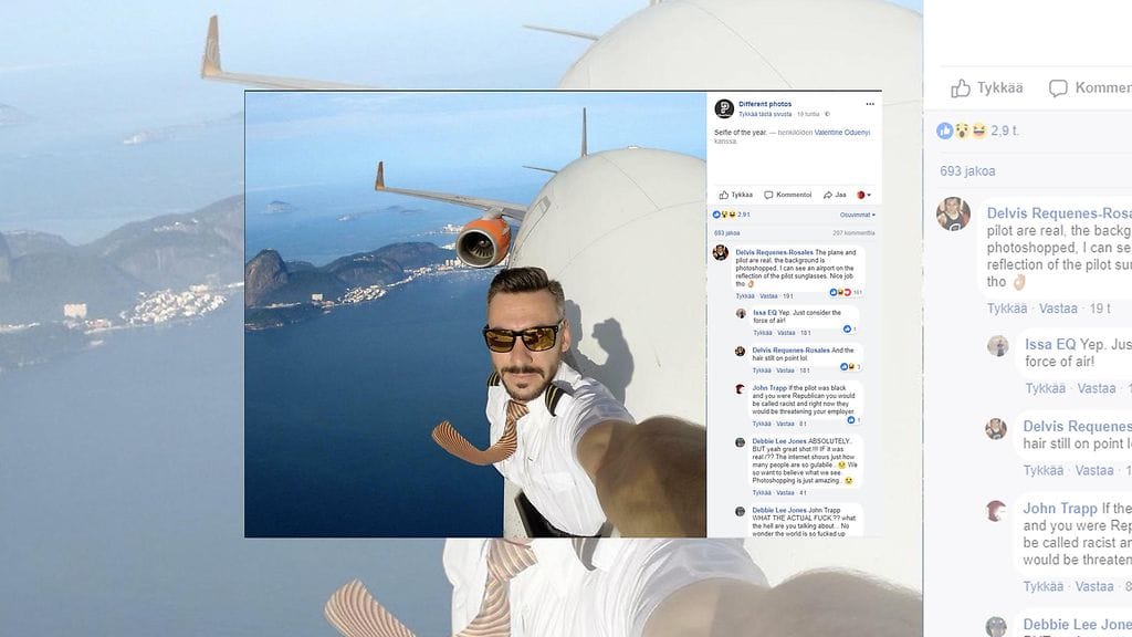 Huikea kuva pilotista koneensa ulkopuolella on valitettavasti huijaus. Silti moni ihastelee kuvaa. Kuvan lähde Facebook
