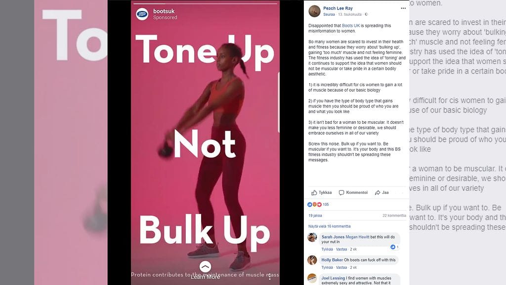 Peach Lee Rayn mukaan proteiinijuoman mainos antaa naisille väärän kuvan siitä, että lihaksikkuus olisi "väärin". Kuvan lähde Facebook