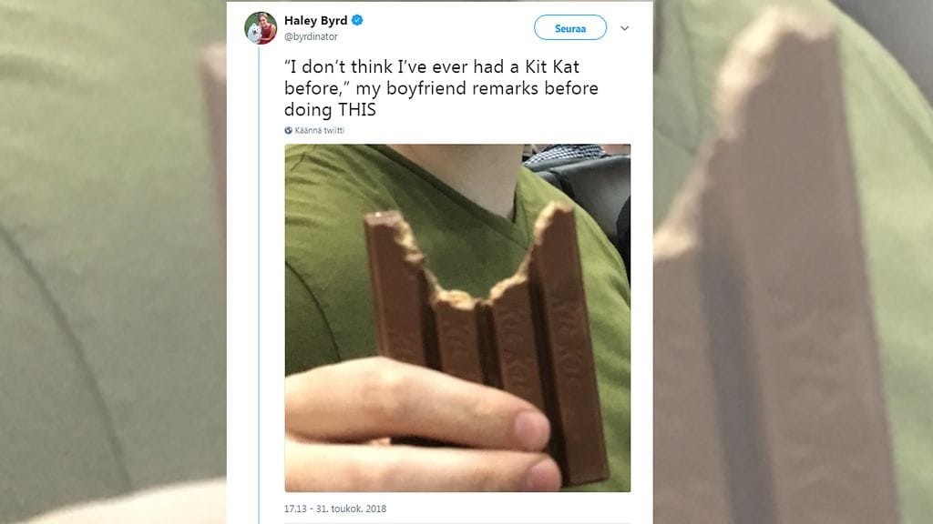 Twitter-käyttäjä Haley Byrd sai runsaat määrät eroamiskehotuksia kerrottuaan nettikansalle, miten hänen poikaystävänsä syö KitKat-suklaapatukkaa. Kuvan lähde Twitter