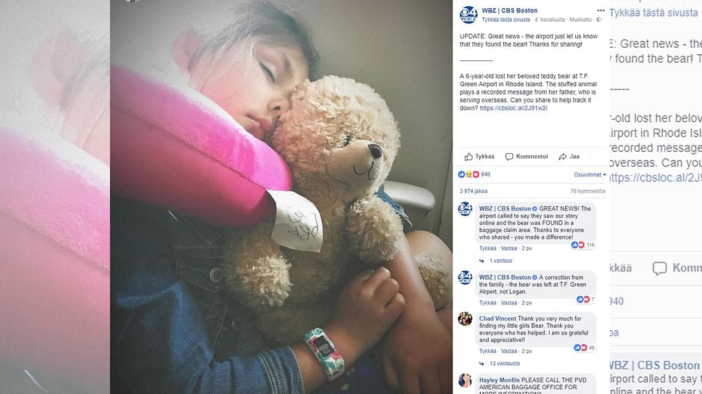 Paisley, 6, sai takaisin tärkeän nallen, johon hänen isänsä oli nauhoittanut rakastavia viestejä. Kuvan lähde Facebook