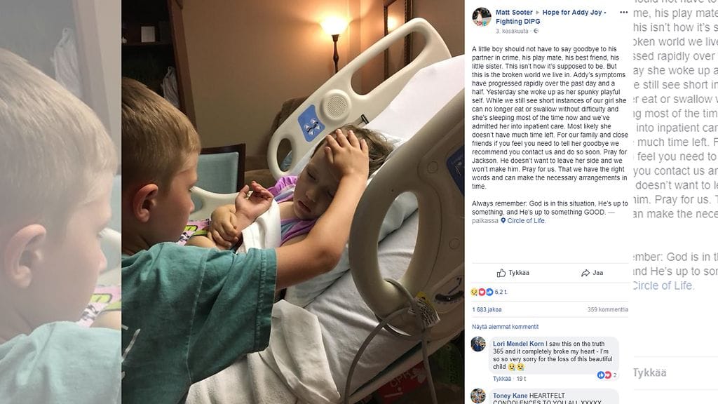 Matt Sooter otti kuvan hetkestä, jona hänen 6-vuotias poikansa sanoi hyvästit pikkusiskolleen. – Ei tämän pitäisi mennä näin, murtunut mies kommentoi. Kuvan lähde Facebook