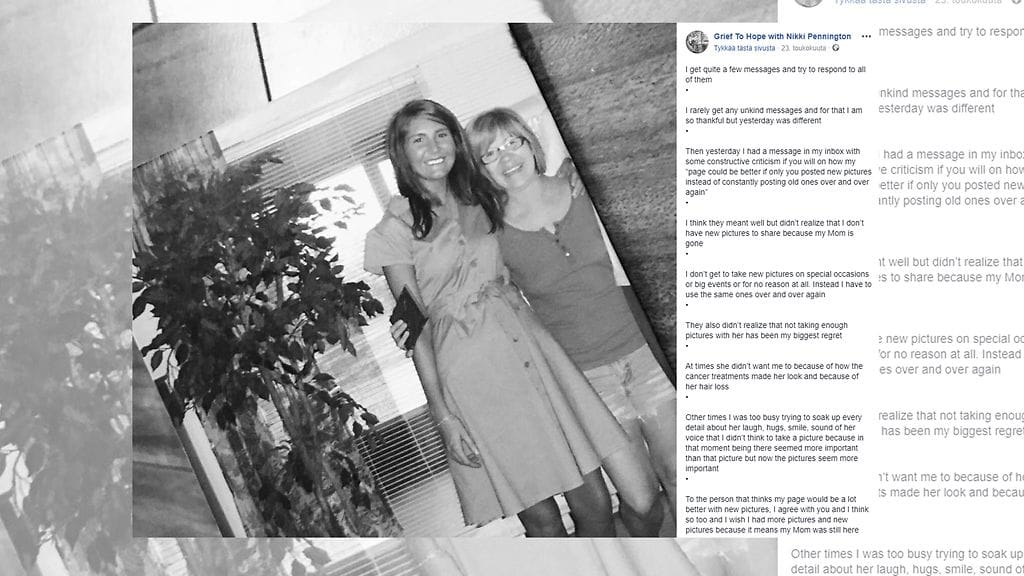 Nikki soitti aina ahdistuksen iskiessä äidilleen. Tärkeän tukihenkilönsä kuoleman jälkeen hänelle selvisi äidin ja aviomiehen yhtienen salaisuus. Kuvan lähde Facebook