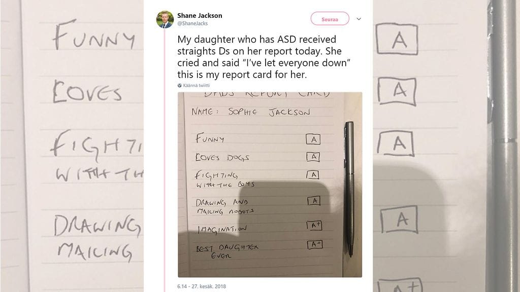 Kun autistinen Sophie sai koulussa huonoja numeroita, isä päätti puuttua tilanteeseen.
Kuvan lähde Twitter