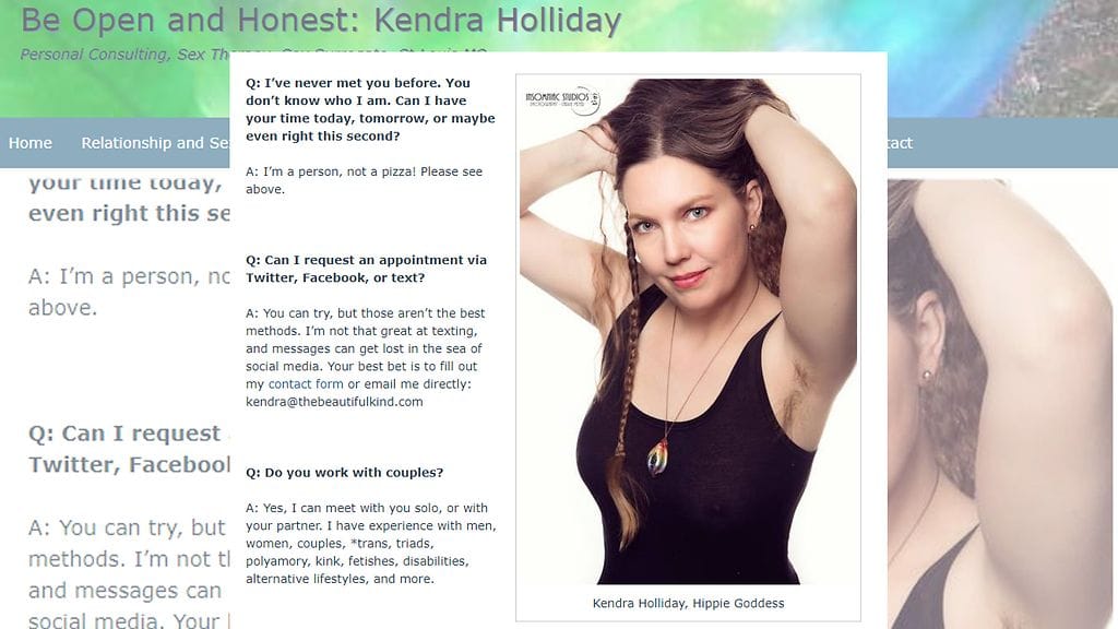 Kendra Holliday on "seksisijainen", joka opettaa seksiä neitsyille ja auttaa esimerkiksi pariskuntia näiden makuuhuoneongelmissa. Kuvan lähde beopenandhonest.com