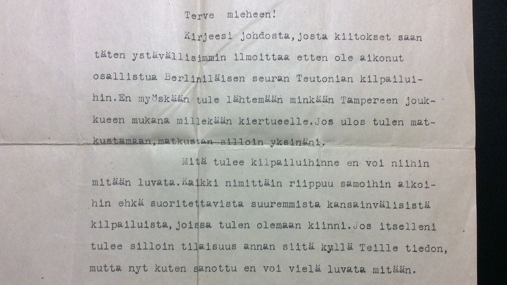 Kirje Paavo Nurmelle