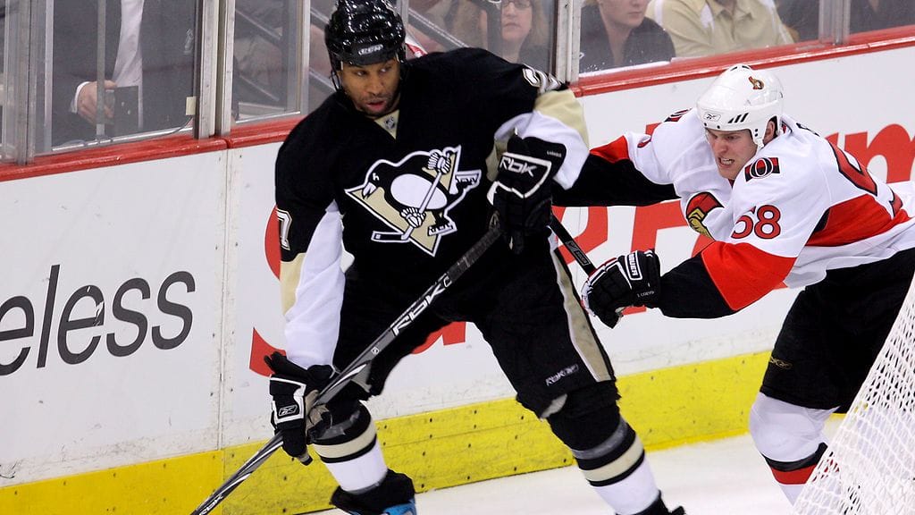 Georges Laraque Pittsburgh Penguinsin paidassa.