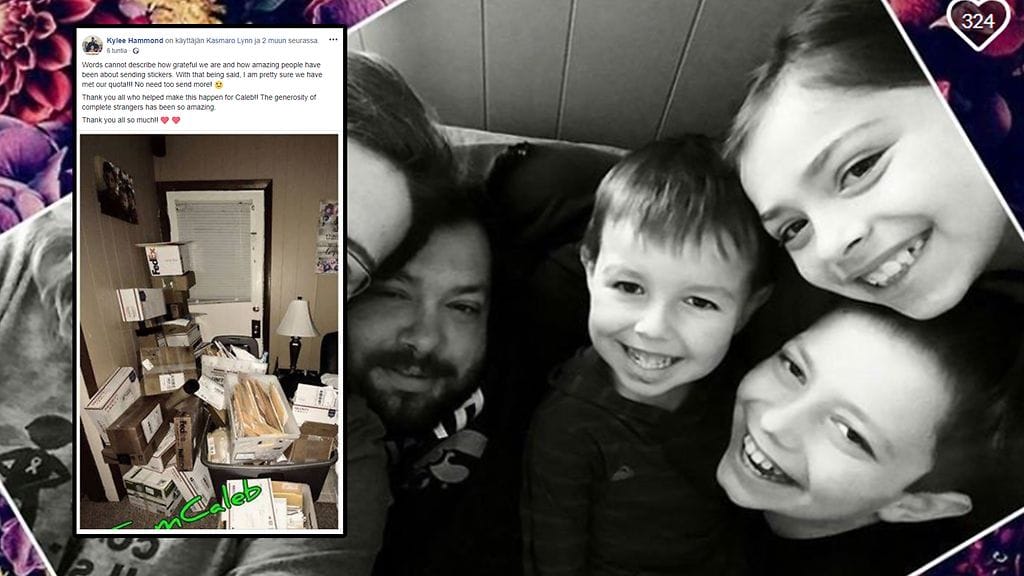 Koskettavana viimeisenä toiveenaan Caleb-poika halusi kilpa-autoilusta tuttuja sponsoritarroja. Kuvien lähde Facebook ja Gofundme