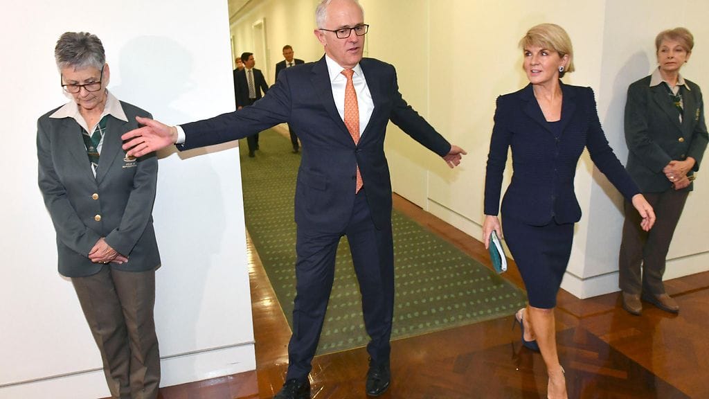 Austalian entinen pääministeri Malcom Turnbull ja sittemmin erostaan ilmoittanut ulkoministeri Julie Bishop 24.8.2018.