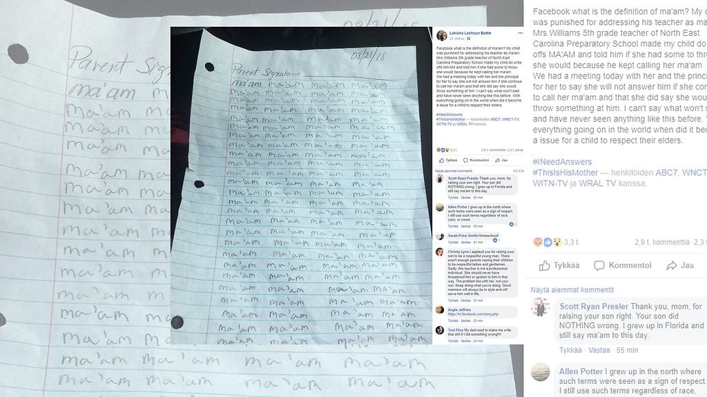 Tamarion, 10, sanoi opettajalleen "kyllä, rouva". Erikoista kyllä, poika sai rangaistuksen toiminnastaan. Kuvan lähde Facebook
