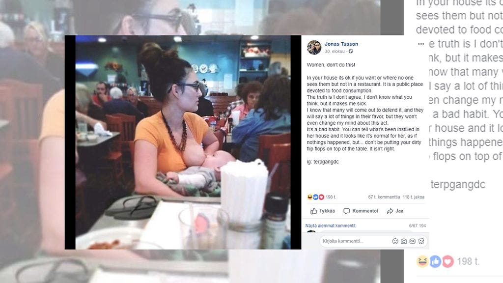 Jonas julkaisi kuvan äidistä, jonka tavat  "ällöttivät" häntä. Kyse ei kuitenkaan ollut imettämisen kritisoinnista, vaan vitsistä! Kuvan lähde Facebook