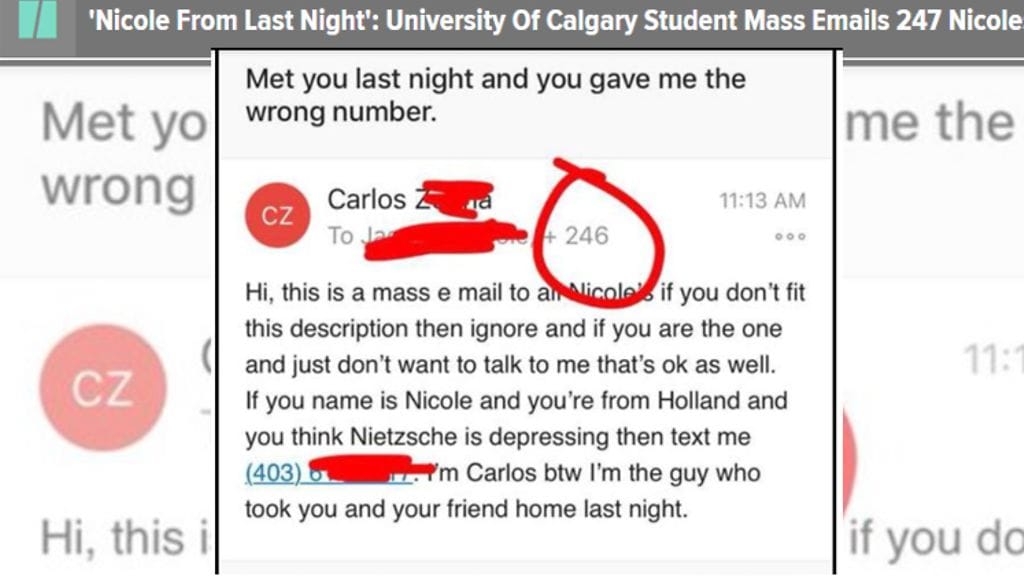 Kun Carlos Zetina ei saanut yhteyttä tapaamaansa Nicole-nimiseen naiseen, hän lähetti viestin jokaiselle oppilaitoksensa Nicolelle. Yhteensä 247 naisen saama viesti johti yllättäviin seurauksiin! Kuvan lähde Huffington Post