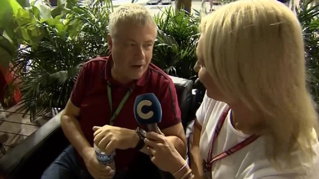 Sami Visa ja Mervi Kallio tapasivat Singaporen F1-varikolla.