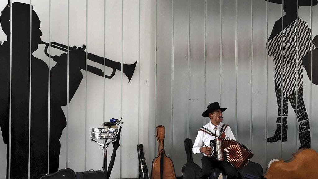 Muusikko Plaza Garibaldilla Mexicossa. Kuvituskuva.