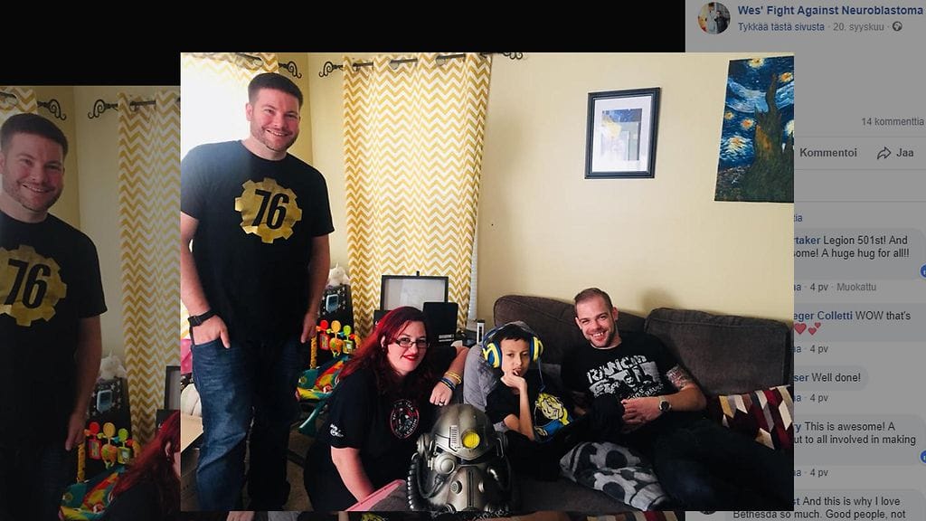 Kun 12-vuotiaan Wesin syöpähoidot päätettiin lopettaa, hän tajusi, ettei koskaan ehtisi pelata suuresti odottamaansa tietokonepeliä. Peliä julkaiseva Bethesda päätti lahjoittaa perheelle peliaikaa. Kuvan lähde Facebook