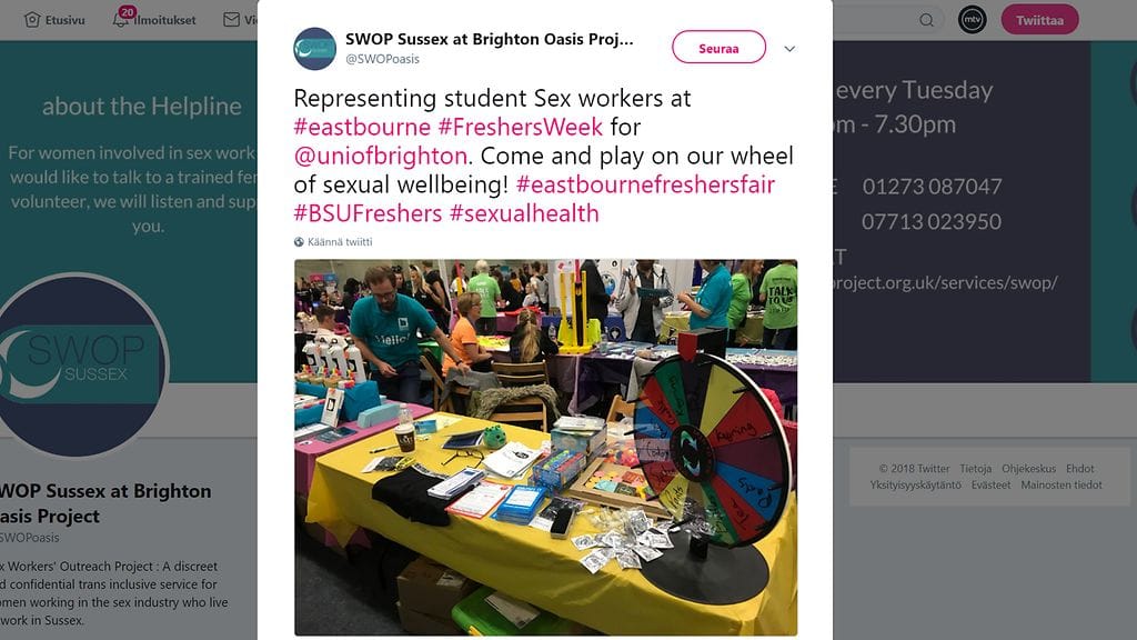 Kansa närkästyi, kun yliopiston messuilla kerrottiin tietoja seksityöläisen ammatista. Kuvan lähde Twitter