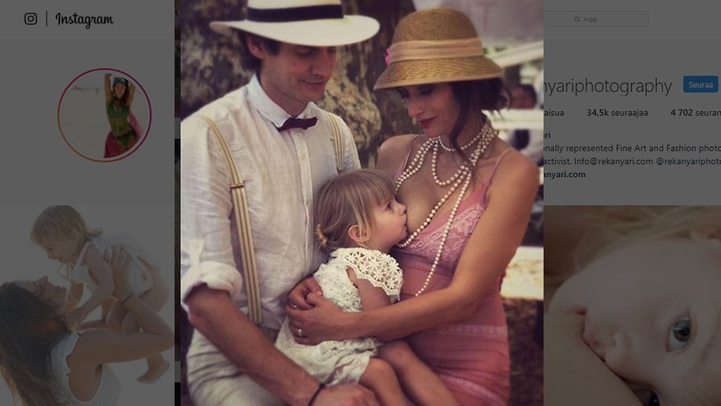 Reka Nyari, 39, imetti tytärtään lentokoneessa, kun vieressä istunut nainen puuttui tilanteseen asiattomalla tavalla. Kuvan lähde Instagram