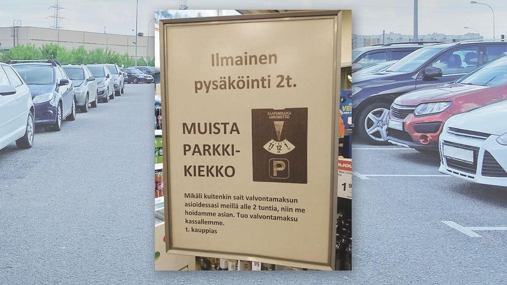Tällaisella ilmoituksella Kannelmäen K-kauppias kertoo maksavansa asiakkaidensa valvontamaksut.