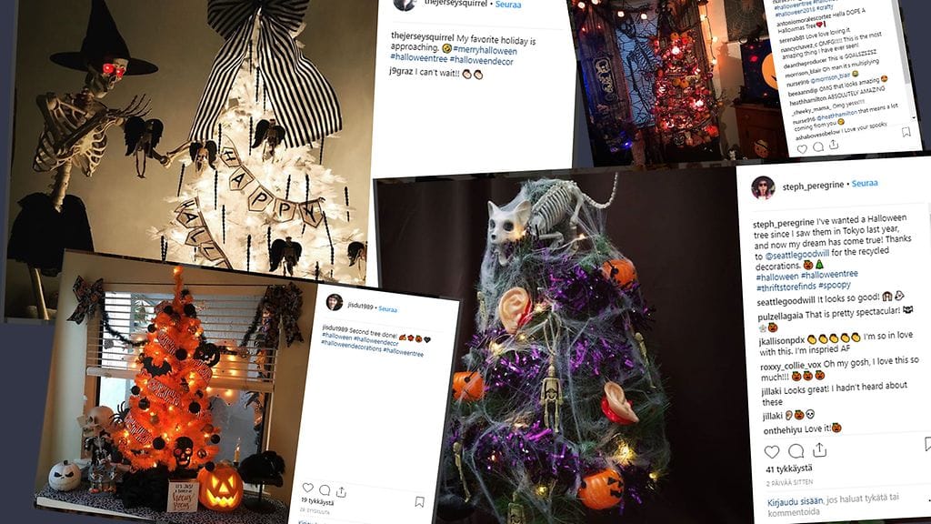 Väisty, söpö ja kaunis joulukuusi. Pelottavat, hämähäkein ja luurangoin koristellut halloween-kuuset ovat nyt in! Kuvien lähde Instagram