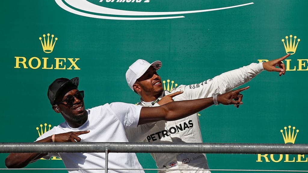 Lewis Hamilton ja Usain Bolt poseerasivat viime vuoden Austinin GP:ssä.