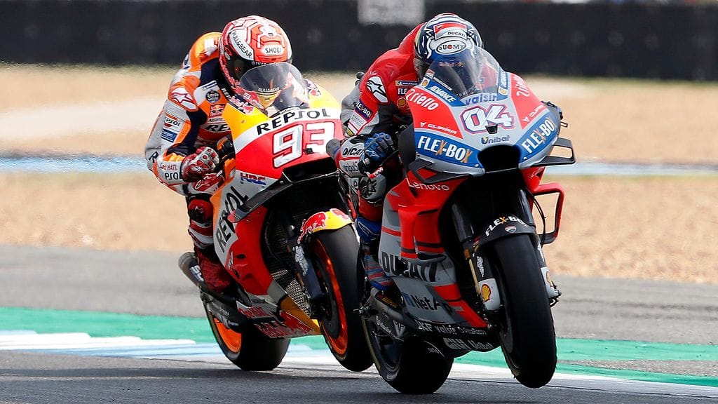 Marc Marquez (vas.) ja Andrea Dovizioso taistelevat mestaruudesta keskenään toista kautta peräkkäin.