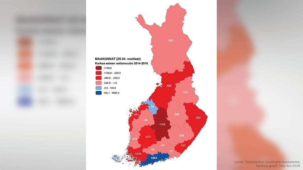 Nuorten aikuisten ja aikuisväestön korkean asteen nettomuutto maakunnittain 2014-2016