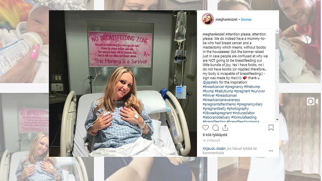 Lapsen saatuaan Meghan Koziel ripusti sairaalasänkynsä yläpuolelle imettämistä koskevan kyltin, josta tuli pian somehitti. Kuvan lähde Instagram