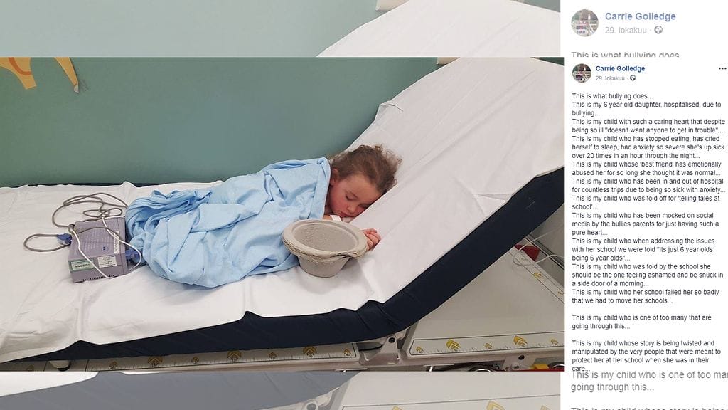 Carrie julkaisi kuvan tyttärestään, joka oksentaa kymmeniä kertoja tunnissa ja itkee itsensä uneen kiusaamisen vuoksi. Kuvan lähde Facebook