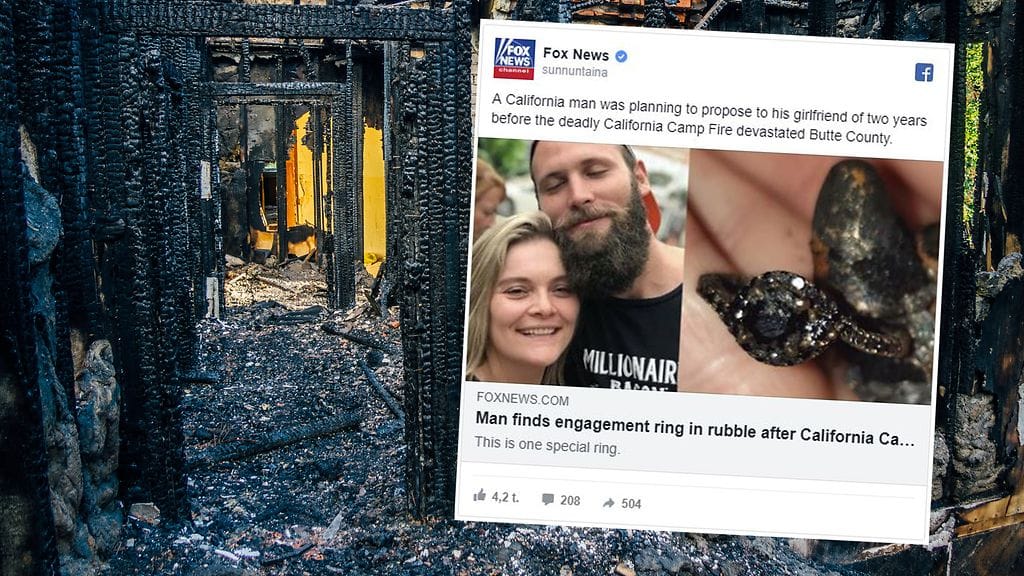 Iloa muutoin surulliseen ja järkyttävään uutisointiin Kalifornian maastopaloista toi uutinen ihmeen kaupalla selvinneestä kihlasormuksesta.