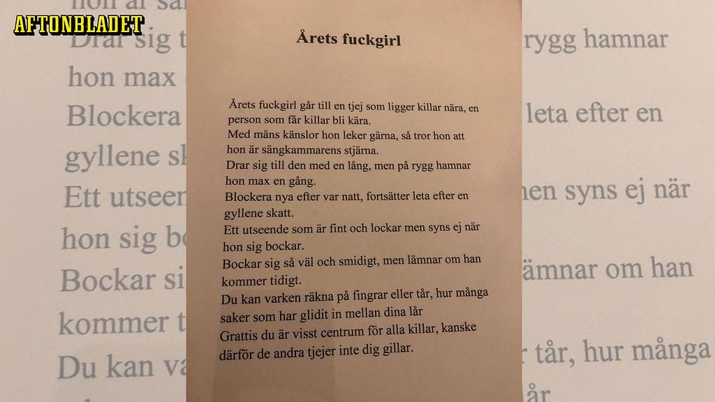 Oppilaitoksen juhlatilaisuudessa jaettiin erilaisia nimityksiä, ja Emma, 19, sai nimityksen "vuoden panotyttö", kertoo Aftonbladet. Kuvan lähde Aftonbladet