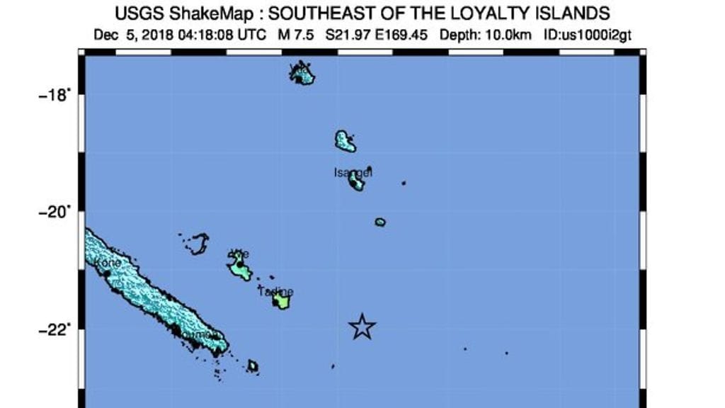 Yhdysvaltain geologian tutkimuskeskus USGS mittasi järistyksen Uuden-Kaledonian itärannikolle.