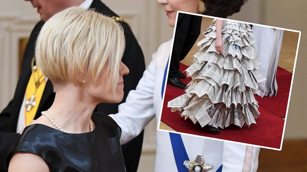 Anna Björkroos saapui Linnan juhliin sanomalehdistä valmistetussa iltapuvussa.