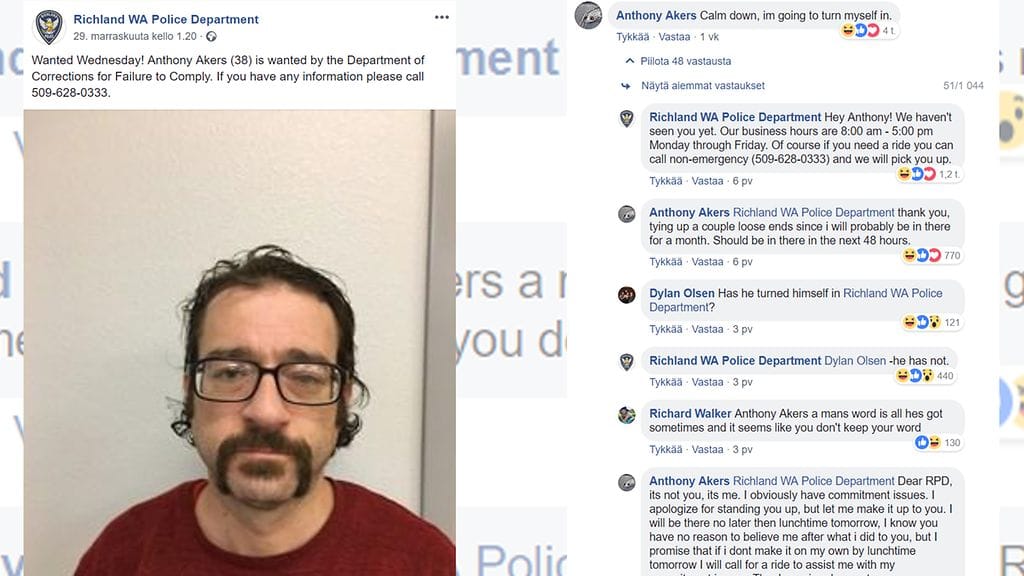 Anthony Akersin ja poliisiaseman keskustelu nousi hitiksi. Kuvien lähde Facebook