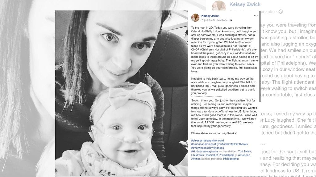 Kelsey kiitti Lucy-vauvansa kuvan avulla tuntematonta hyväntekijää. Kuvan lähde Facebook