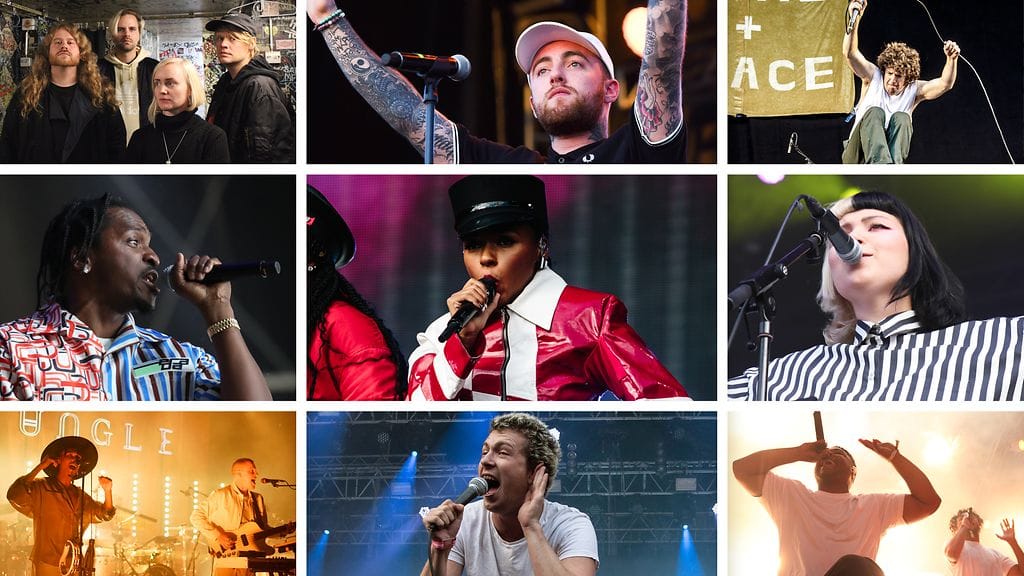 Kuvassa Ruusut, Mac Miller, Turnstile, Pusha T, Janelle Monáe, Vesta, Jungle, Shame ja Brockhampton.