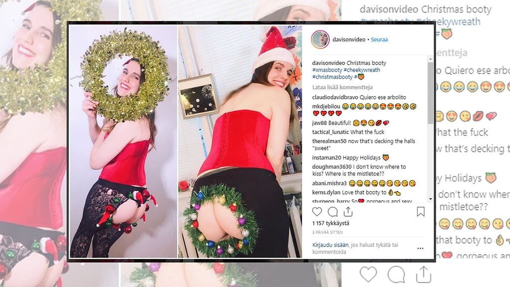Usein eroottissävytteisiä kuvia julkaiseva Davison neuvoi seuraajiaan koristelemaan paljaan takamuksensa joulukoristein. Kuvan lähde Instagram
