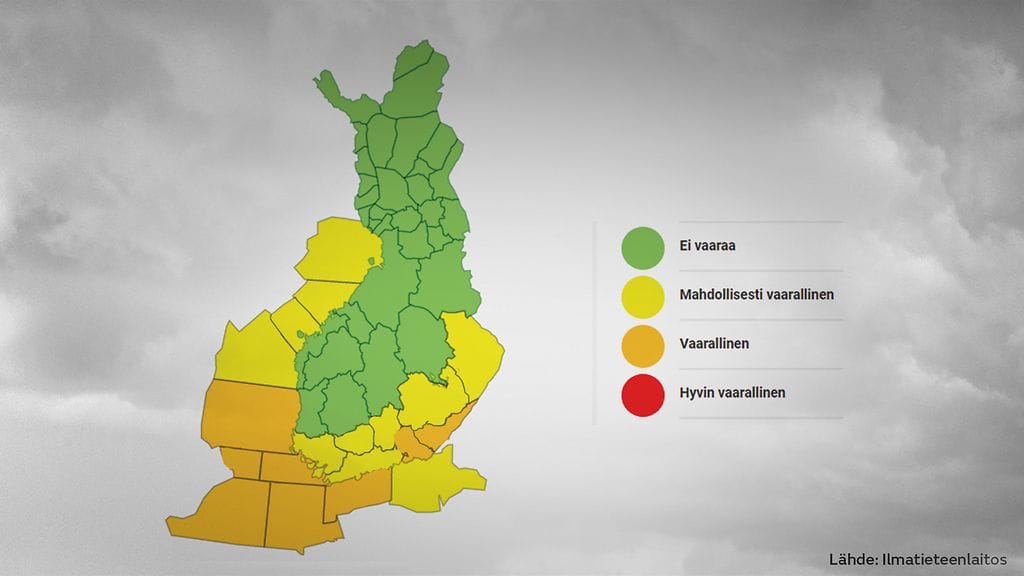 Ilmatieteen laitoksen sääkartta varoittaa mahdollisesti vaarallisista ja vaarallisista olosuhteista.