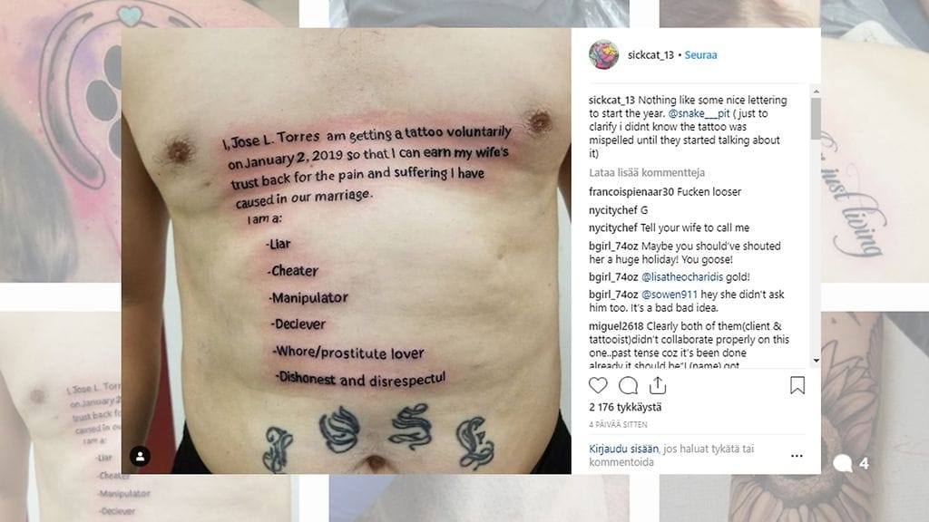 Mies nimeltä Jose L. Torres petti vaimoaan – ja saa nyt kärsiä seurauksista. Amerikkalaismies hankki valtavan rintakehätatuoinnin, jossa katuu tekojaan. Kuvan lähde Instagram
