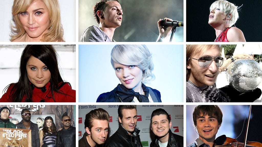 Vuoden 2009 hitintekijöitä, vasemmasta yläkulmasta myötäpäivään: Madonna, Linkin Park, Pink, David Guetta, Alexander Rybak, The Baseballs, The Black Eyed Peas, Anna Abreu sekä Anna Puu.