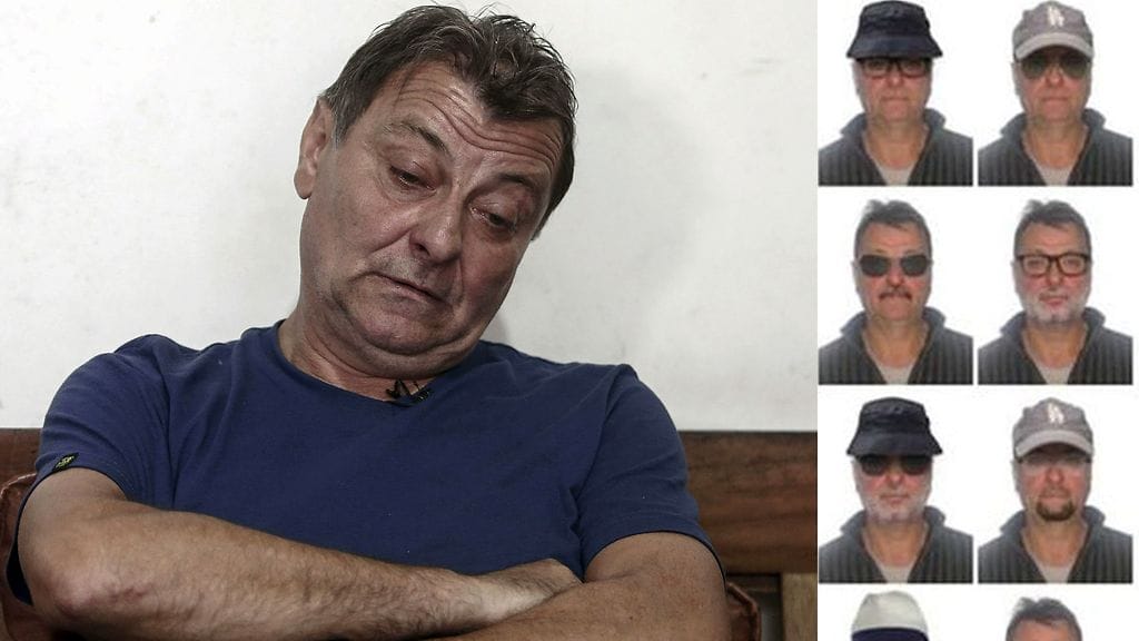 Cesare Battisti. Oikealla Brasilian poliisin julkaisemia kuvia hänen ulkonäöstään mahdollisten valeasujen kanssa.