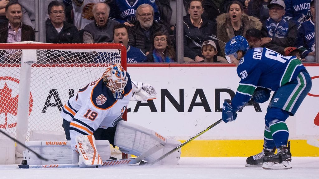Vancouver Canucksin Markus Granlund ja Edmonton Oilersin Mikko Koskinen vastatusten.
