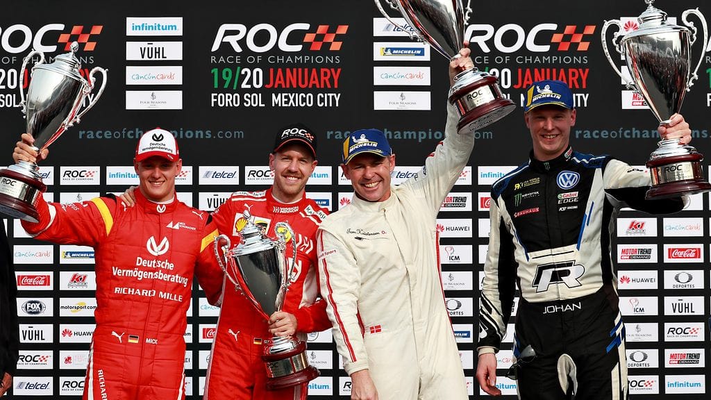 Mick Schumacher (vas.), Sebastian Vettel, Tom Kristensen ja Johan Kristoffersson taistelivat Mestareiden kisan finaalissa.