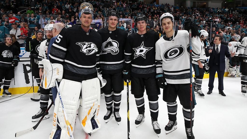 All Star -tapahtuman suomalaisnelikko: Pekka Rinne (vas.), Mikko Rantanen, Miro Heiskanen ja Sebastian Aho.