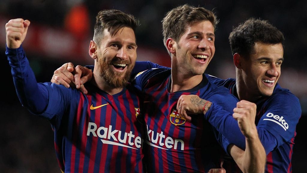 Lionel Messi, Sergi Roberto ja Philippe Coutinho cup-ottelussa Sevillaa vastaan.