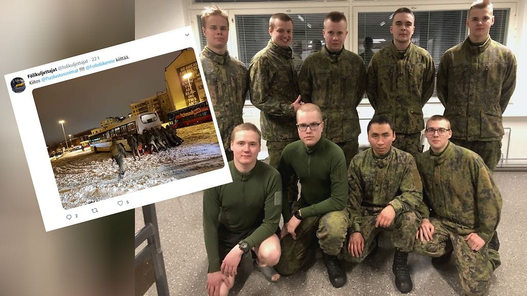 Alokkaan mielestä auto saadaan liikkeelle juuri yhteispelillä. Varusmiehet lähettivät yhteiskuvan MTV Uutisten pyynnöstä maanantaina. Gankhuu Batsuuri on kuvassa alarivissä kolmas vasemmalta. Kuvan bussia työntävistä varusmiehistä oli napannut linja-autonkuljettaja Heidi Nikula.