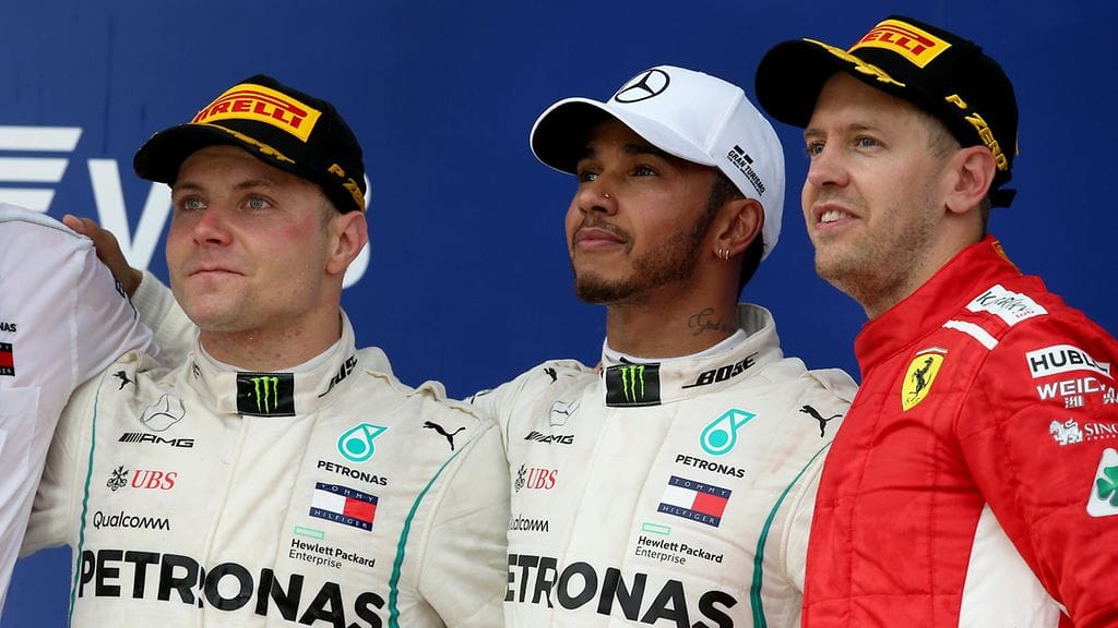 Valtteri Bottas, Lewis Hamilton ja Sebastian Vettel.