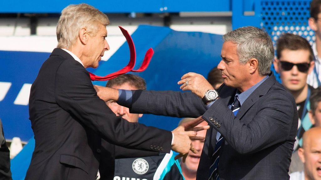 Arsène Wengerin ja José Mourinhon yhteenotto vuodelta 2014.