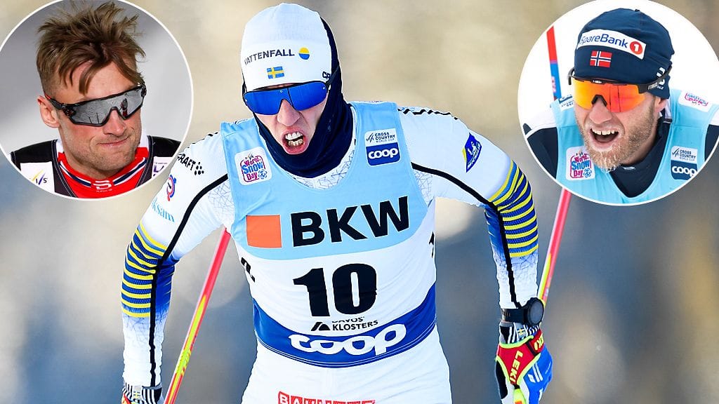 Petter Northug (vas.) ja Martin Johnsrud Sundby (oik.) saavat osansa Calle Halfvarssonin rap-videolla.