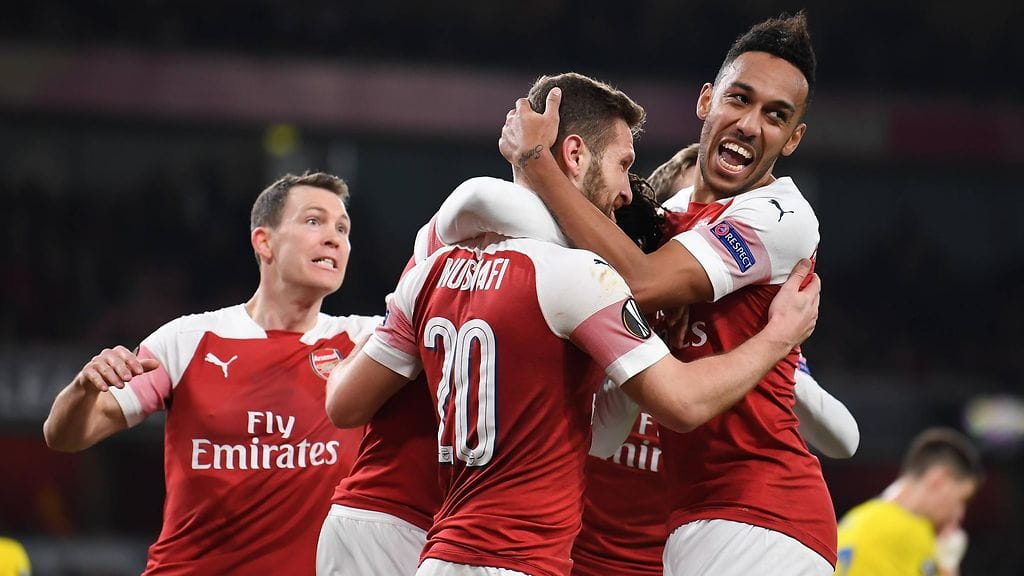 Arsenal juhli Shkodran Mustafin iskemää 2–0-maalia BATE Borisovia vastaan.