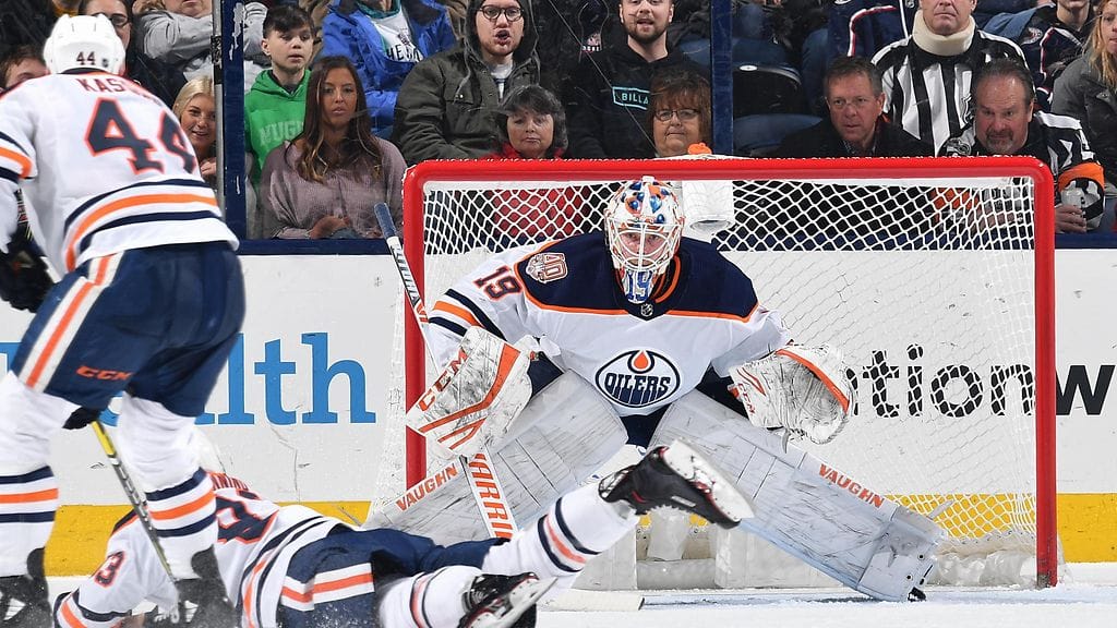 Edmonton Oilersin Mikko Koskinen torjui nollapelin ottelussa Columbusta vastaan.